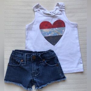 White Heart Sequin Top & Blue Denim Shorts Size 2T